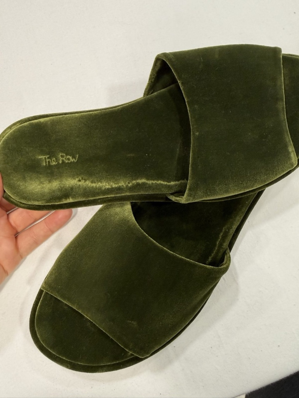 The Row Olive Green Velvet Slide Sandals 37.5 Made in Italy Quiet Luxury